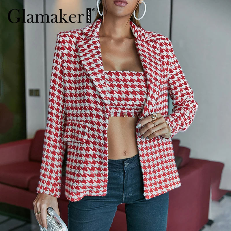 

Glamaker Red white Plaid warm blazer winter coat with crop top Office ladies chic high street jacket coat Women outwear new