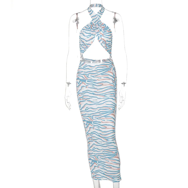 

Summer Sexy Bodycon Dress 2021 New Fashion Print Elegant Halter Cut Out Backless Midi Dress Women Club Party Dress Outfit