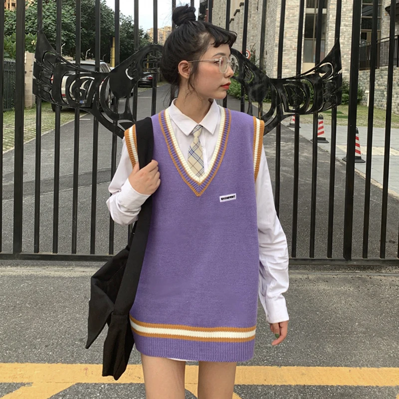 2020 Spring Autumn Girls Loose Korean Sleeveless Knitted Vests Pullovers V Neck Sweaters For Jk School Uniform Student Clothes |