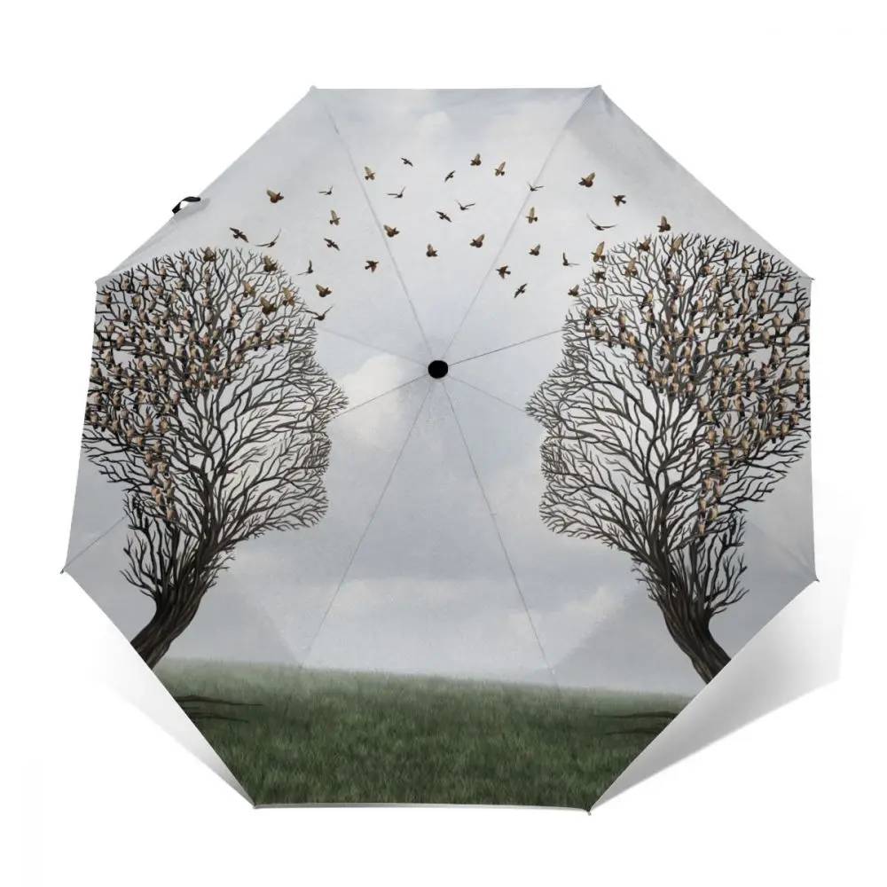 Economici Ombrello Automatico Pioggia Donna Ombrello A Tre Pieghe Incredibile Viso Umano Albero Ombrello Antivento Ombrello Impermeabile Femminile