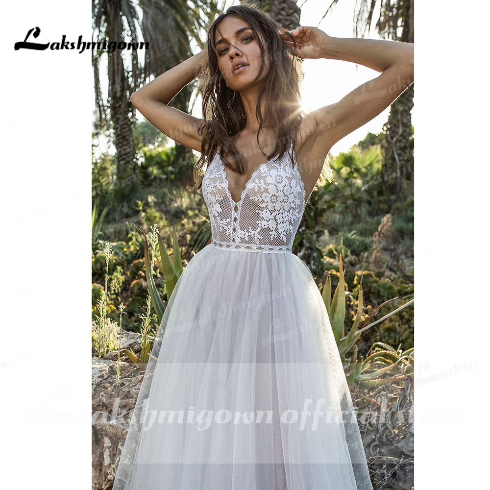 

Lakshmigown Sexy Spaghetti Straps Deep V Neck Lace Bling Tulle Wedding Dresses Backless hochzeitskleid 2021
