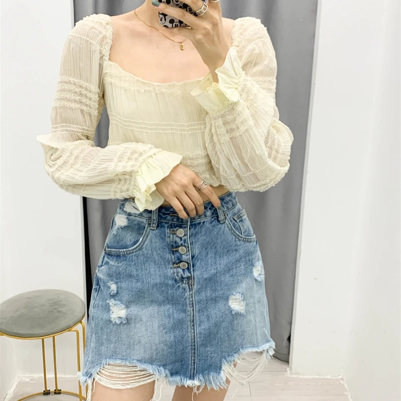 

YOSIBCD Women 2021 Sweet Fashion With Lace Pleated Cropped Blouses Vintage Long Sleeve Side Zipper Female Shirts Chic Tops