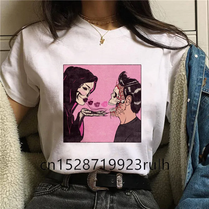 

Skeleton Devil Horror Tshirt Personality Pattern Gothic T Shirt Women Casual Short Sleeve Tee Halloween Tops Grunge Clothing