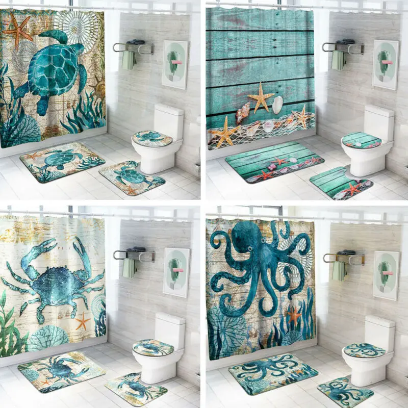 4 шт. Ванная комната коврики Новые морские черепахи кроватки Осьминог Морская