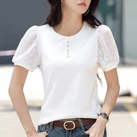 tshirt puff short sleeve lace patchwork cotton t shirt women button o neck tee shirt femme korean fashion womens tops camisetas