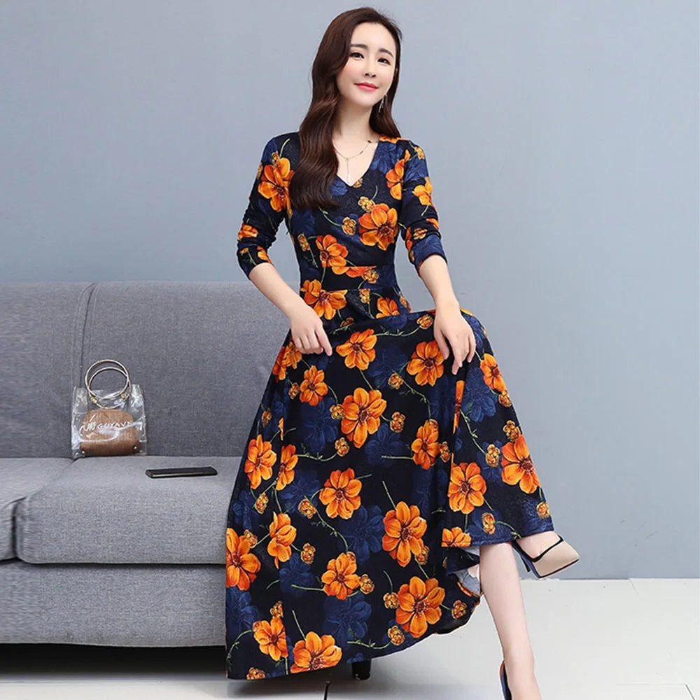 

V-neck Chinese Style Dress New Spring and Summer Long-sleeved Mid-length Print Slim Slimming A-line Skirt 2021 Dress