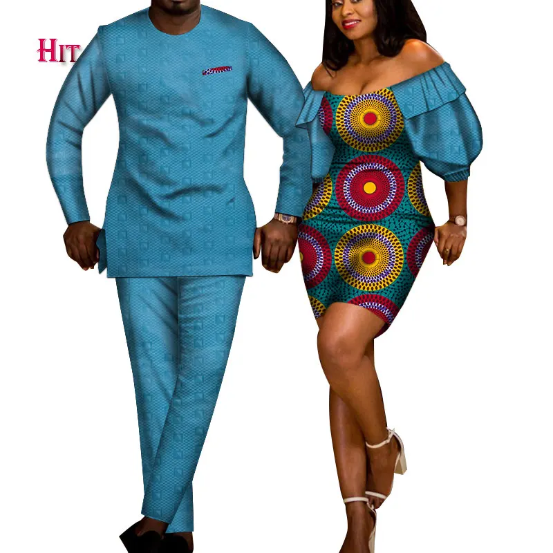 2021African Print Clothes for Lovely Couple Dashiki Sexy Lady Dress and Men Shirt Pant Set Cotton African Couple Clothing WYQ725