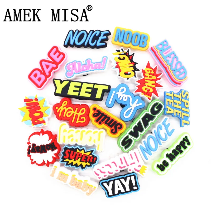 Freeshipping 1pcs Shoe Charms Accessories YAY HEY BANG POW NOICE NO WAY YEET Shoe Decoration for croc jibz Kids Xmas Party Gifts