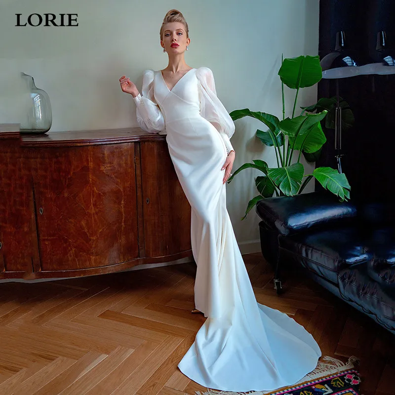 

LORIE Matt Soft Satin Mermaid Wedding Dress Sexy V Neck Boho Bridal Gowns Puff Long Sleeve Open Back Robe De Mariée 2022