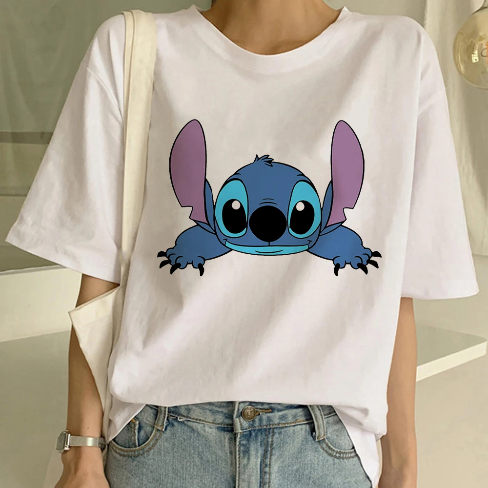 

Disney Brand T Shirt Women Aesthetic Cartoon Creative O-neck T-shirt Funny Stitch Alert Look Printed Kawaii Casual Tshirt