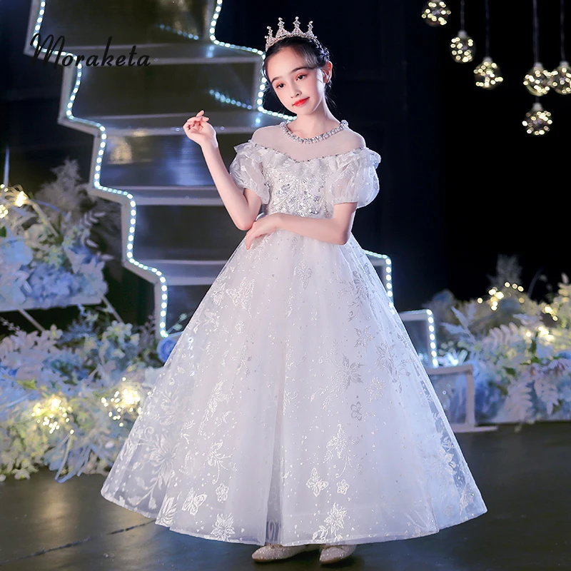 

White Flower Girl Dresses For Wedding Elegant O-Neck Princess Ball Gown Long Lace Kids Birthday Party Dresses
