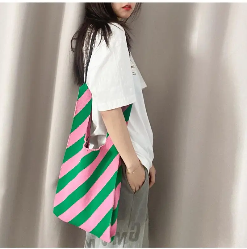 

Luxury Striped Shoulder Bags for Women Cotton Wool Woven Tote Fashion Underarm Bags Women's Shopper Big Capacity Handbags Purses