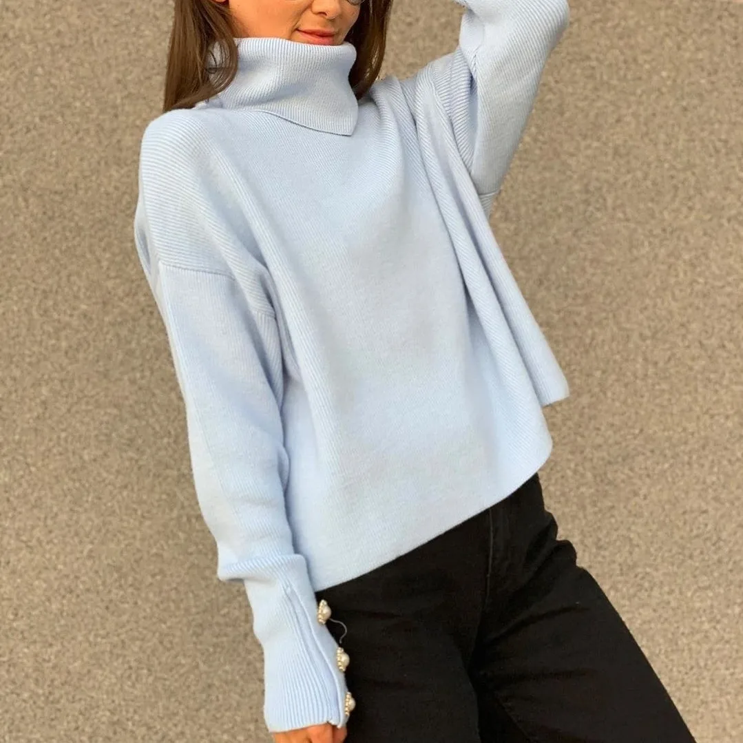 

Women Autumn Winter Knitted Solid Turtleneck Sweater Long Sleeve With Button Pullover Elegant Warm Soft Elastic Sweaters Top New