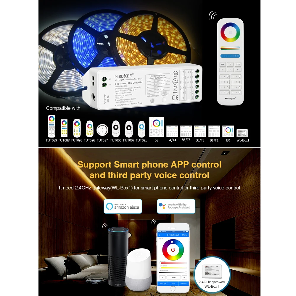 

Miboxer DC12V 24V LS2 5 in 1 LED Strip Controller FUT089 2.4G Remote B4 Touch Panel WiFi control For RGB RGBW RGB+CCT Lamp Light