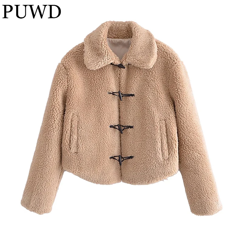 

PUWD Vintage Women Faux Fur Fleece Jacket 2021 Fall Winter Horn Button Casual Warm Lapel Plush Coat Pocket Loose Female Outwear