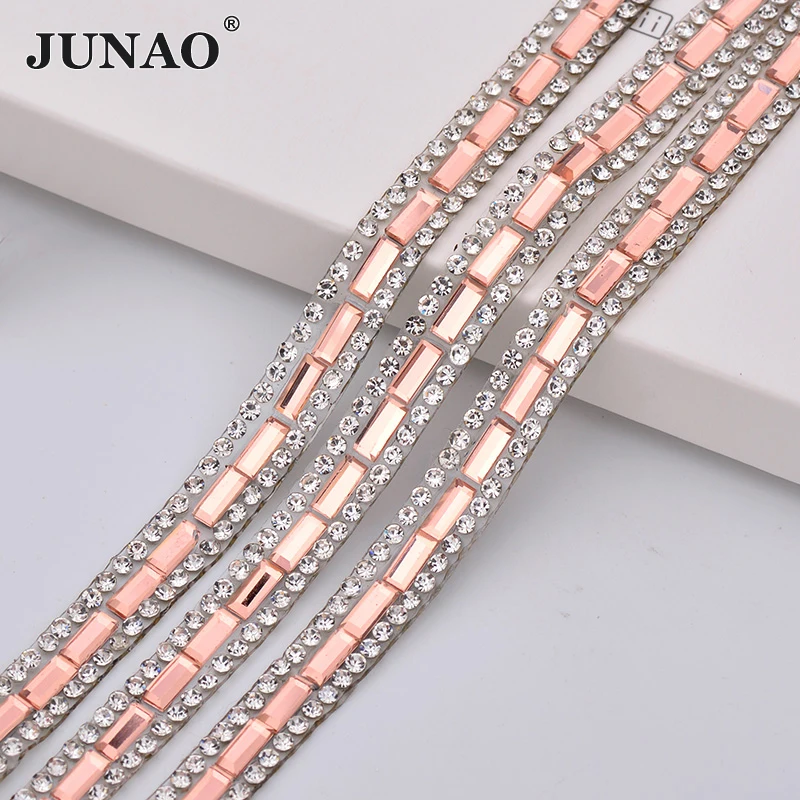 

JUNAO 5 Yard*8mm Champagne Hotfix Rhinestone Trim Mirror Ribbon Crystal Chain Strass Applique DIY Garment Accessories Banding