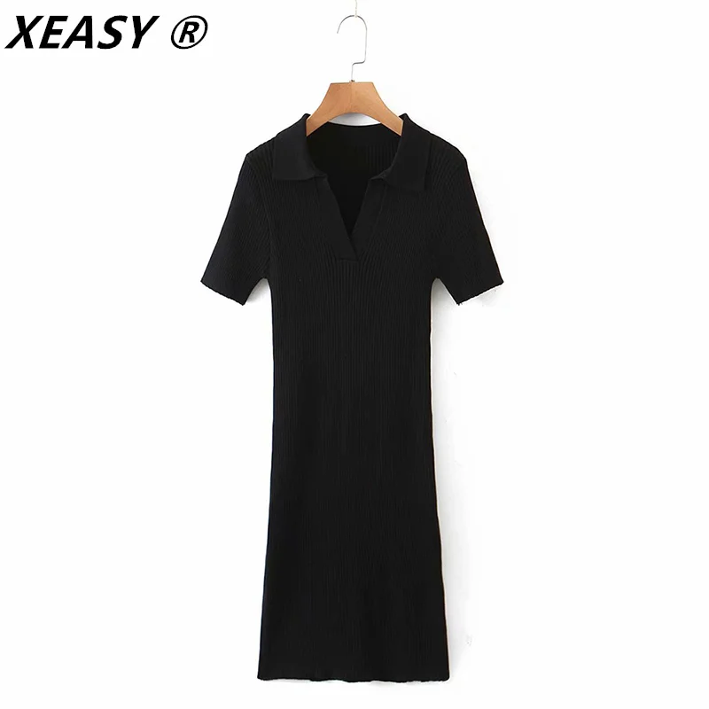 

XEASY Women 2021 Fashion Solid Color Fitted Chic Slim Knit Mini Dress Vintage Lapel Short Sleeveless Female Dresses Vestidos
