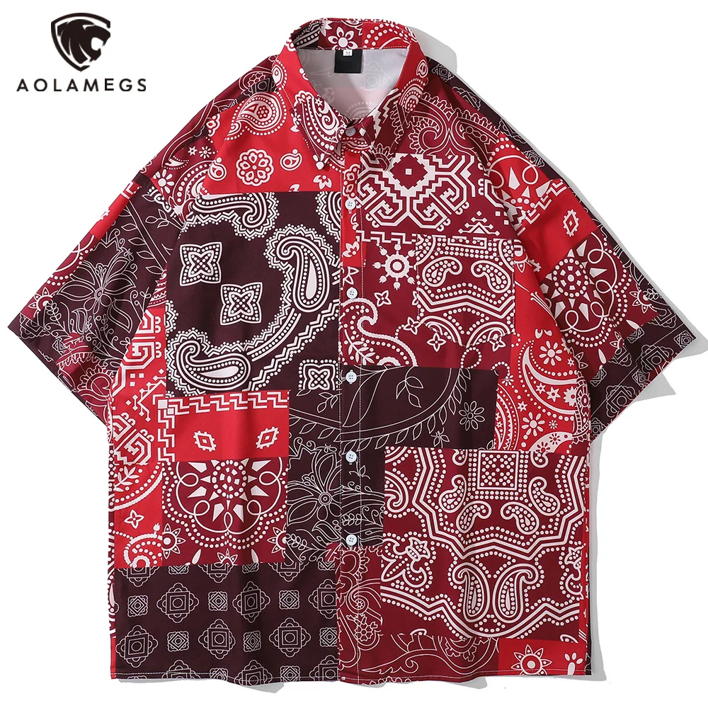 

Aolamegs Men's shirt Color Block Vintage Printed Shirts For Men Summer Beach Short Sleeve Tops Baggy Fashion Harajuku Streetwear