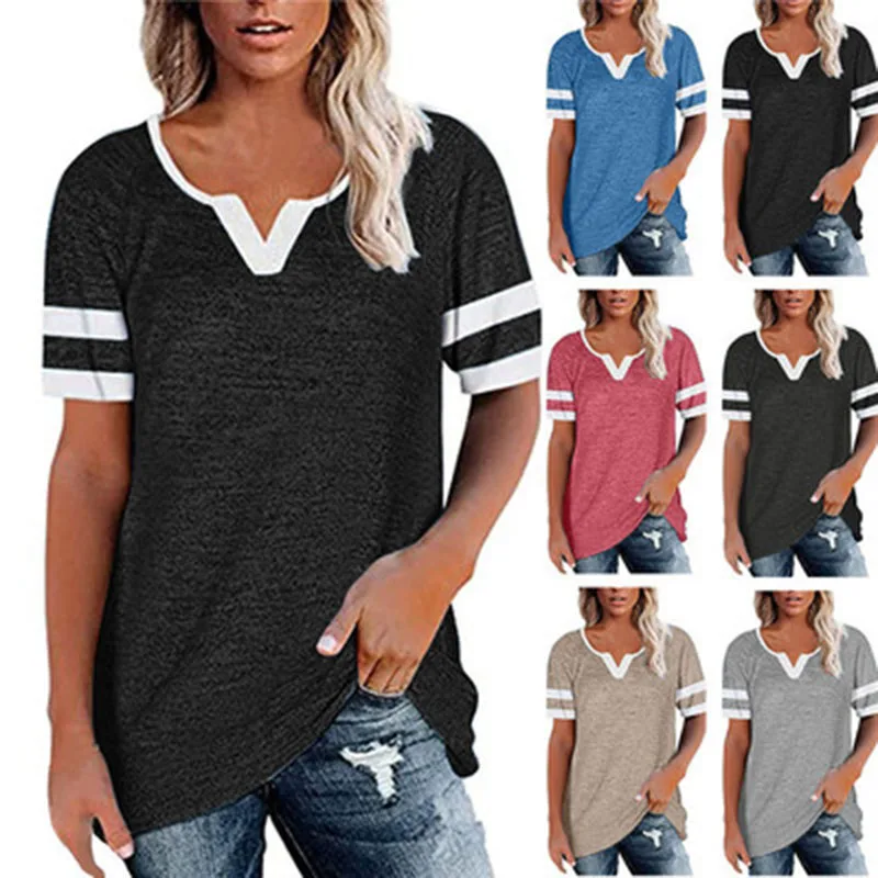 

Женский свободный топ с V-образным вырезом, удобный хлопковый однотонный Повседневный Топ в полоску с коротким рукавом, разные цвета, 2021