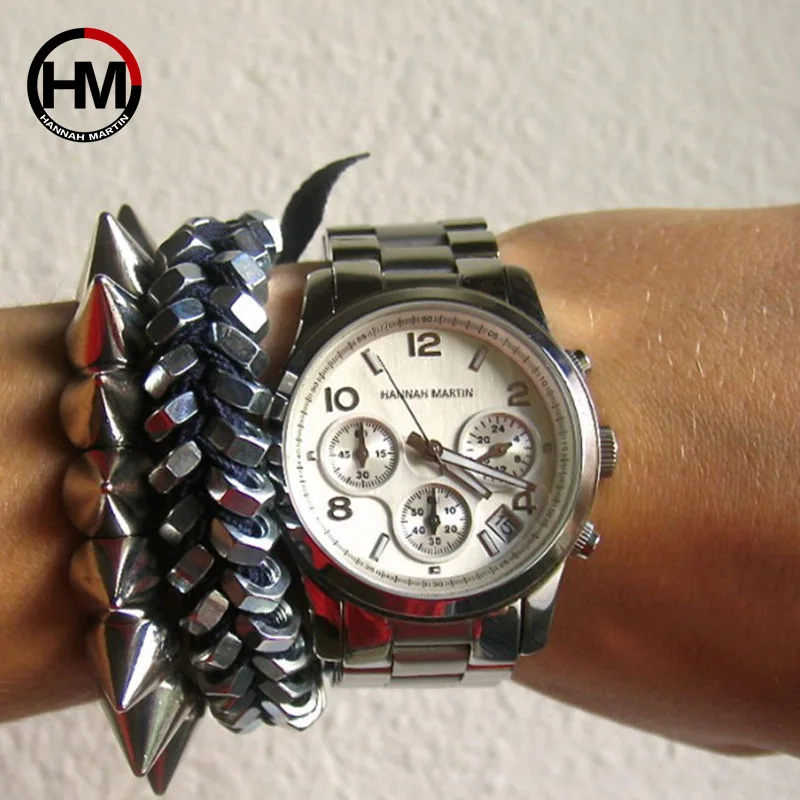 

Hannah Martin Luxury Brand Women Watches Stainless Steel Bracelet Band Ladies Watch 3 Eyes Punk Style Female Clock reloj mujer