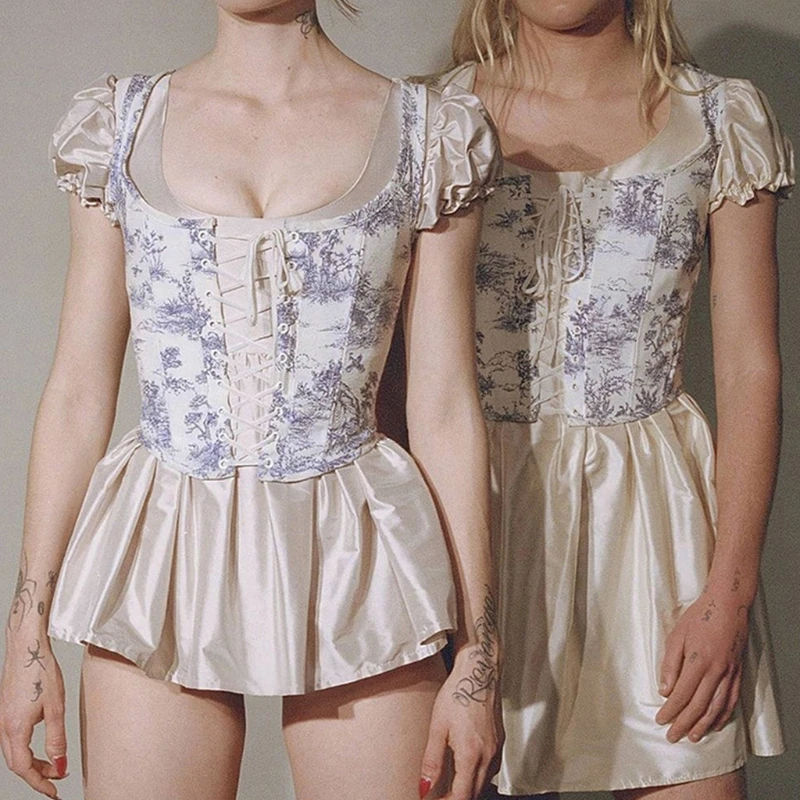 

Women's Hollow Out BustiersTops Curve Shaper Printing Gothic Corsets with Fairy Grunge Bandage Streetwear