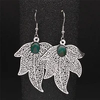 bohemian maple leaf stainless steel stone drop earrings women silver color big earring boho jewelry bijoux femme e8002s04