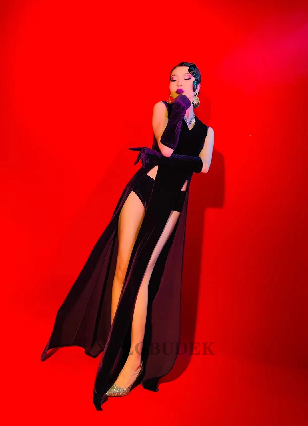 Bar Nightclub Women Singer Dancer Dance Costume Purple Velvet Slit Long Dress Birthday Prom Model Catwalk Show Sexy Stage Wear |