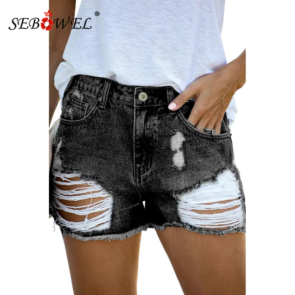 

Женские джинсовые шорты с эффектом потертости SEBOWEL, летние короткие женские джинсовые шорты средней длины с потертостями и дырками, женские...