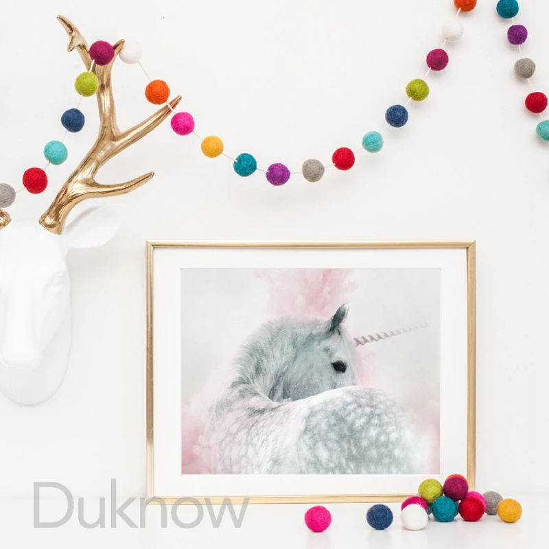 Девочки Спальня украшения Единорог Детская Wall Art печати и плакат розовой радугой