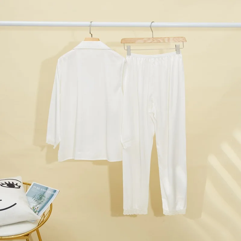 

Women 2021 Spring New Sleepwear Satin 2PCS Pajamas Suit Sexy Pyjamas Lace Long Sleeve Home Clothes Sexy Lapel Nightwear Negligee