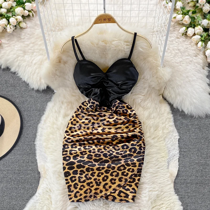 

Fashion Girl Sexy Leopard Printed Dress Fashion Backless Strapless Slip Dress Women Tight Bodycon Pleated Mini Short Dress