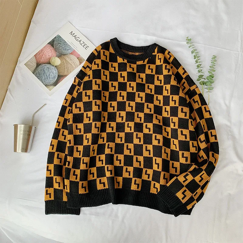 

New Sweater 2020 Autumn winter Plaid Casual Loose Men Slim Fit Knitted Pullover Men Fashion Black Sweaters Warm Men Clothing