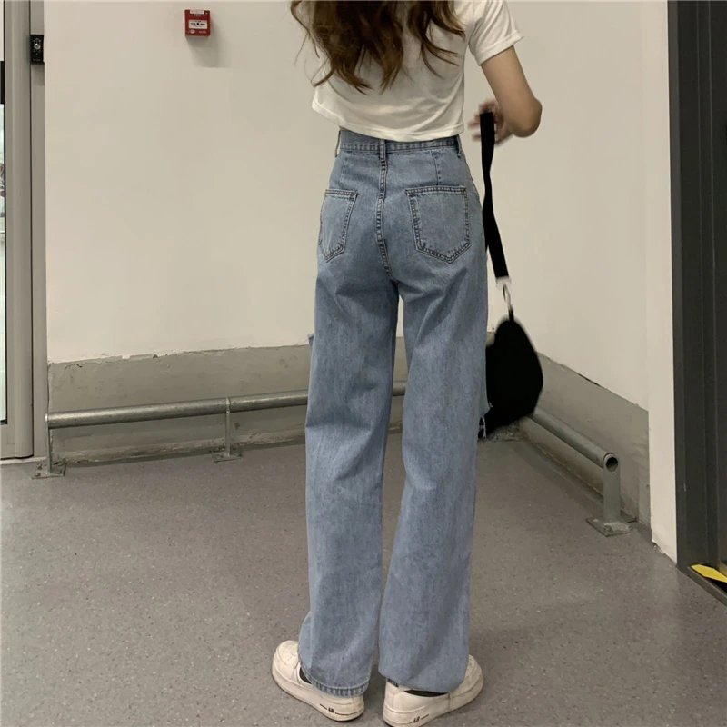 

Women Jeans Denim Hole Light Blue Summer Simple Casual Trousers Wide Leg Loose High Waist Full Length Student Streetwear Vintage