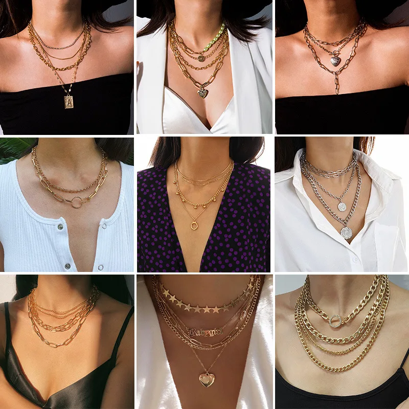 

Layered Korean Fashion Necklace Set Women 18K Gold Collier Femme Chunky Clavicle Vintage Stout Cute Initial Boho Punk DIY Gifts