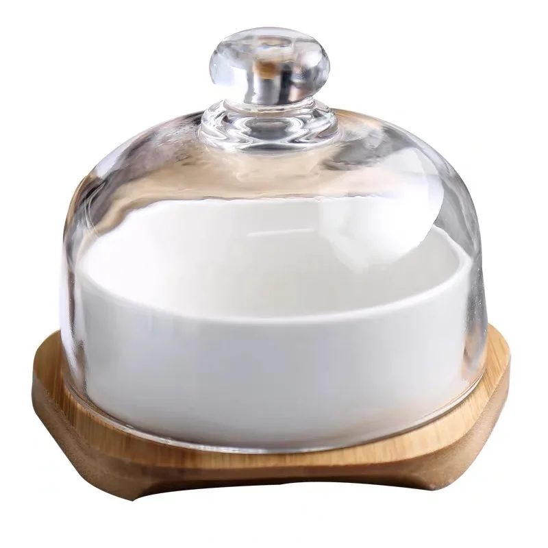 

Ceramic dessert bowl with bamboo tray glass cover snack dish taste fruit salad ice cream bowl pudding cup creative tableware