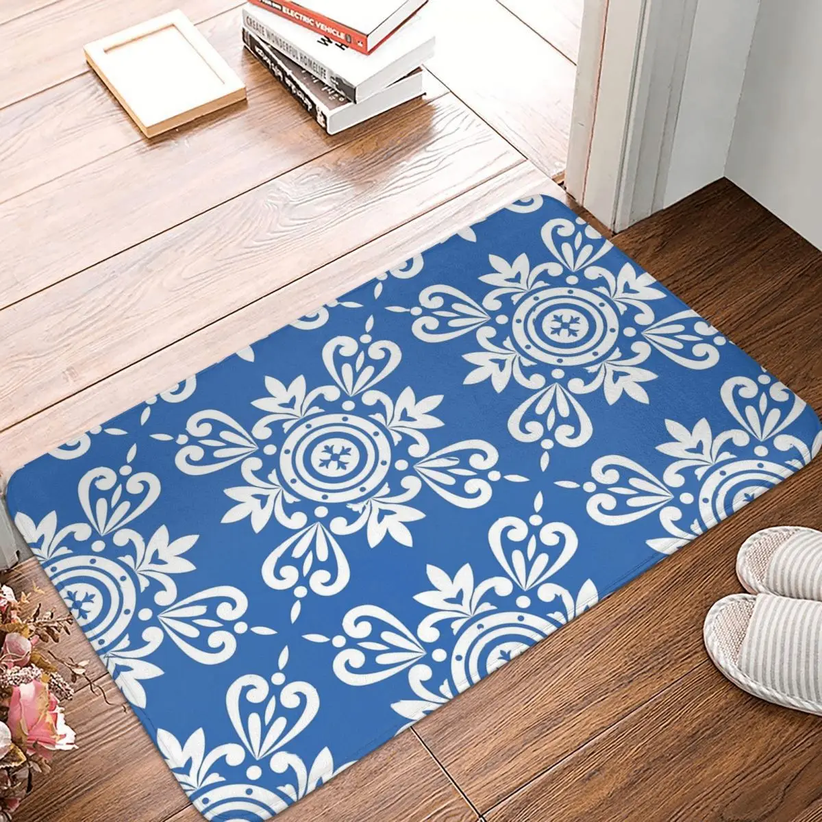 

Blue Azulejo Ornament Polyester Doormat Rug Carpet Mat Footpad Non-slip Water oil proofEntrance Kitchen Bedroom Balcony Cartoon