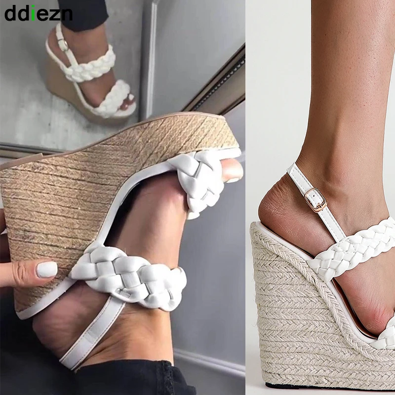 

Big Size Weave High Heels Women Sandals 2022 Ladies Pumps Wedges 16 CM Outside Round Toe Gladiator Female Platform Shoes