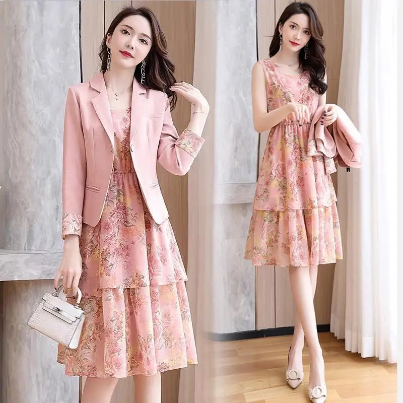 

Elegant Blazer Dress Suits For Office Lady 2021 Spring Summer Slim Cascading Ruffle Sleeveless Floral Dress 2 Piece Set Women