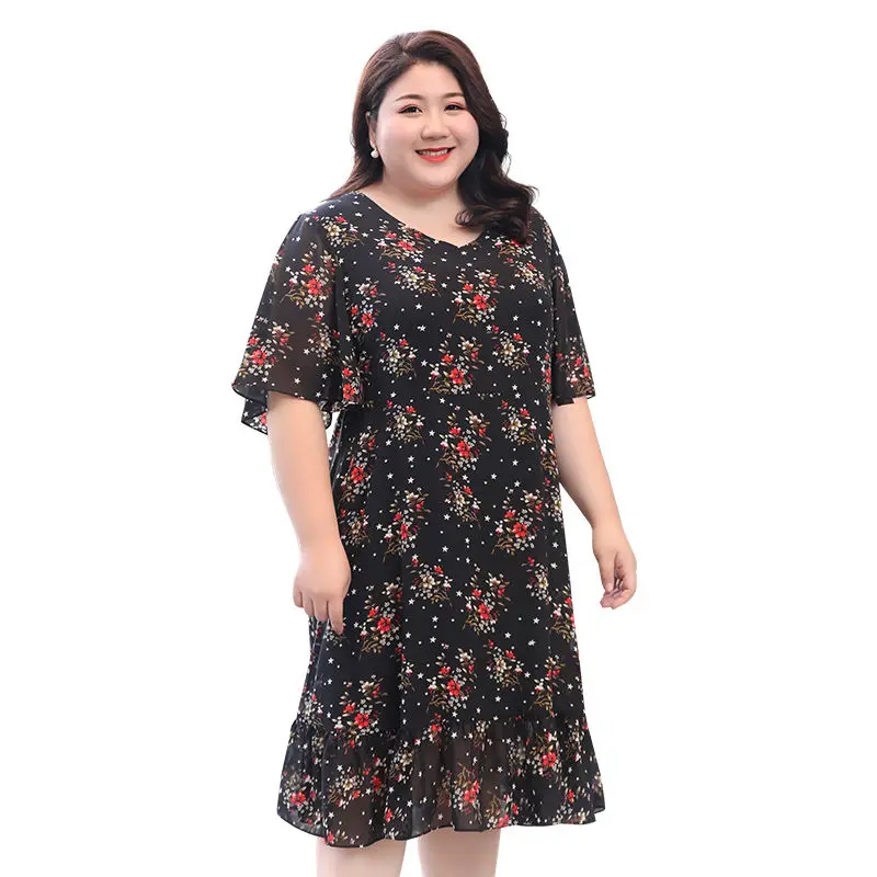 

COCOEPPS Plus Size 6xl Floral Chiffon Women Dress Loose Casual Dress Elegant Ruffles Dress Knee-Length Large Size Summer Dress