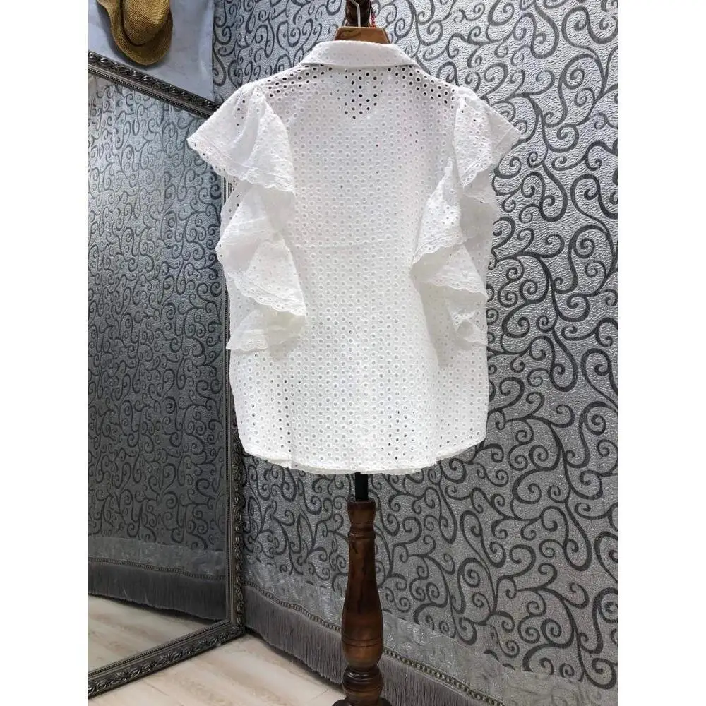 

SuperAen Summer 2021 New Shirt Solid Simple Ruffles Hollow Out Single Breasted Sleeveless Womens Tops