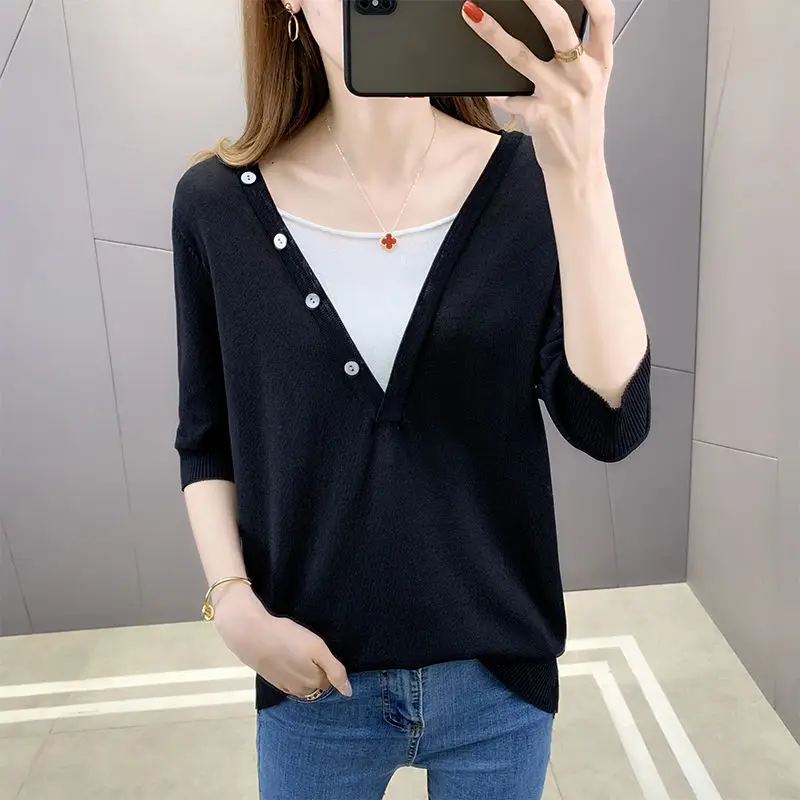 

2021 new fake two piece T-shirt women's ice silk sweater