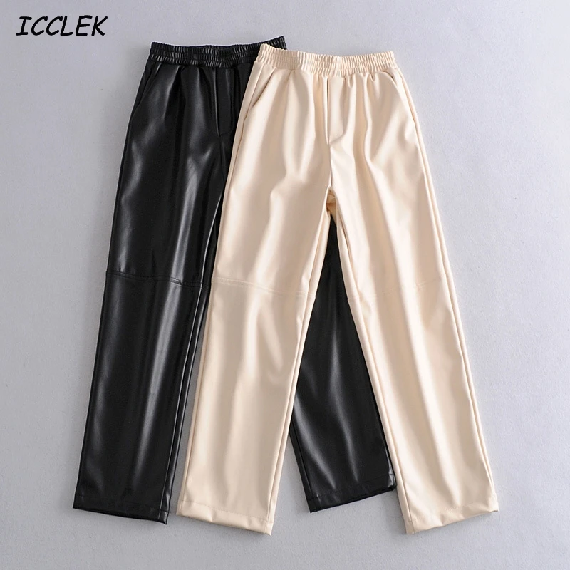 Женские прямые брюки Za из искусственной кожи зимние черные эластичные с высокой