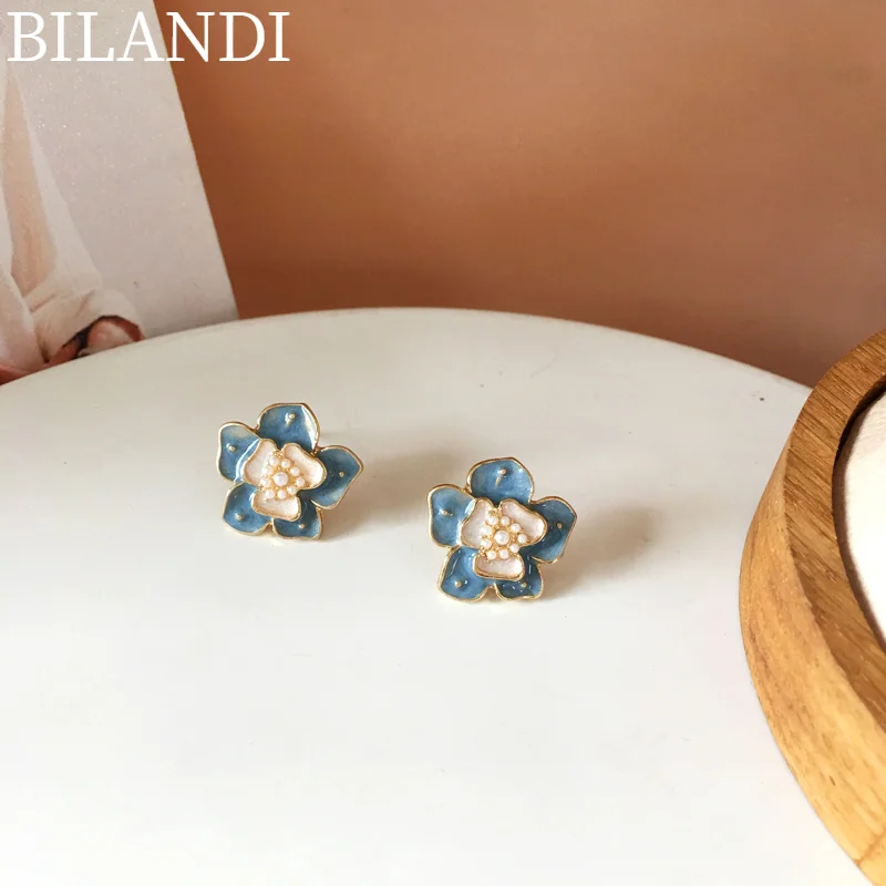 

Bilandi S925 needle Sweet Jewelry Enamel Flower Earrings Delicate Design Vintage Temperament Stud Earrings For Girl Lady Gifts