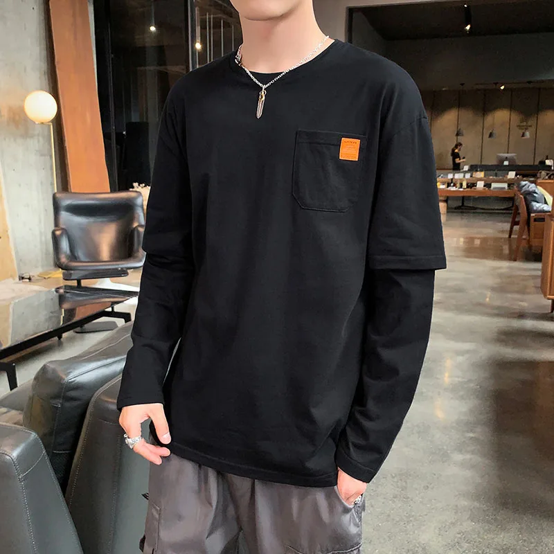 Осень Зима Новая мягкая поддельная футболка с двумя рукавами Мужская Однотонная