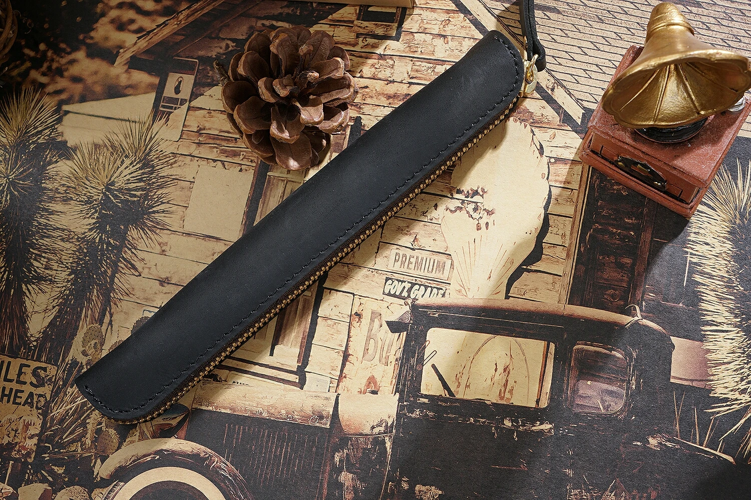 Genuine Leather Zipper Pen Bag Mini Small Pencil Case Apple Electronic Writing Pen Protective Sheath Creative Vintage Style