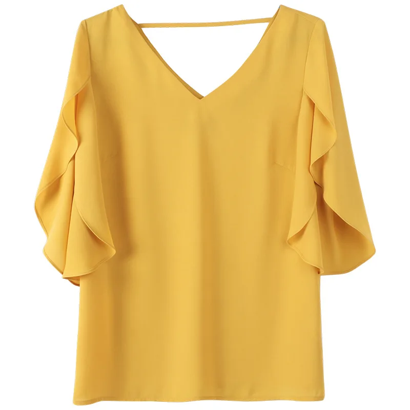 

Ladies Summer Korean Thin Chiffon Shirt Female Short Sleeve Loose V-neck Halter Top Fashion Sexy Backless Yellow Blouse Women