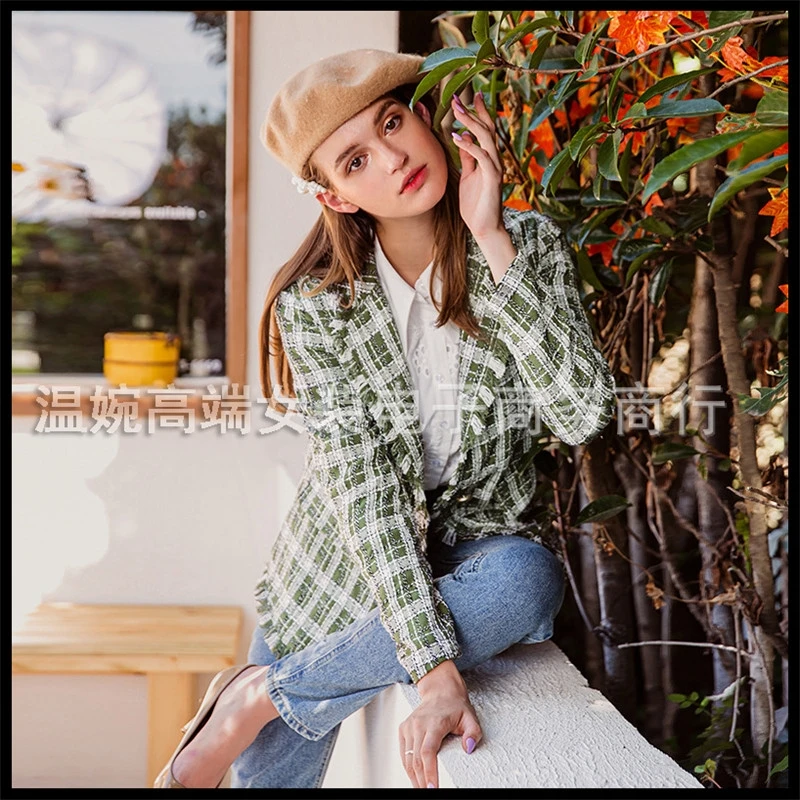 

YOSICIL elegant women green plaid jacket coat Long sleeve casual autumn winter outwear female coat Streetwear ladies coat 2021