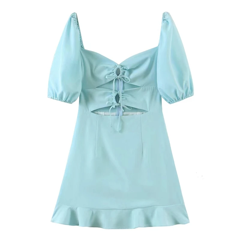 

ZXQJ Women Blue Hollow Mini Dress 2021 Autumn Fashion Ladies Chic Sweet Square Collar Dress Female Short Puff Sleeves Mini Dress