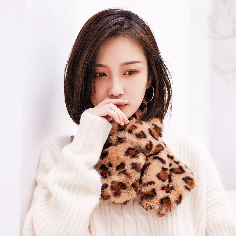 

Korean Women Winter Thicken Plush Faux Rabbit Fur Leopard Scarf Collar Shawl Neck Warmer Shrugs Knitted Neckerchief Long Wraps