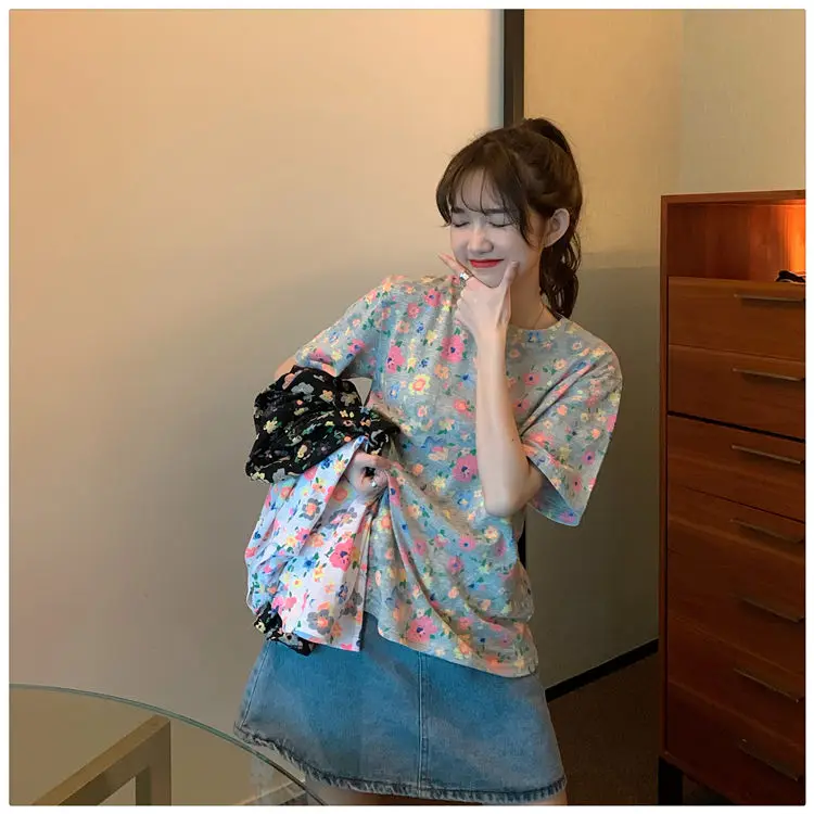 

Cotton summer 2021 new elegant style floral print loose top Guima girls short sleeve T-shirt